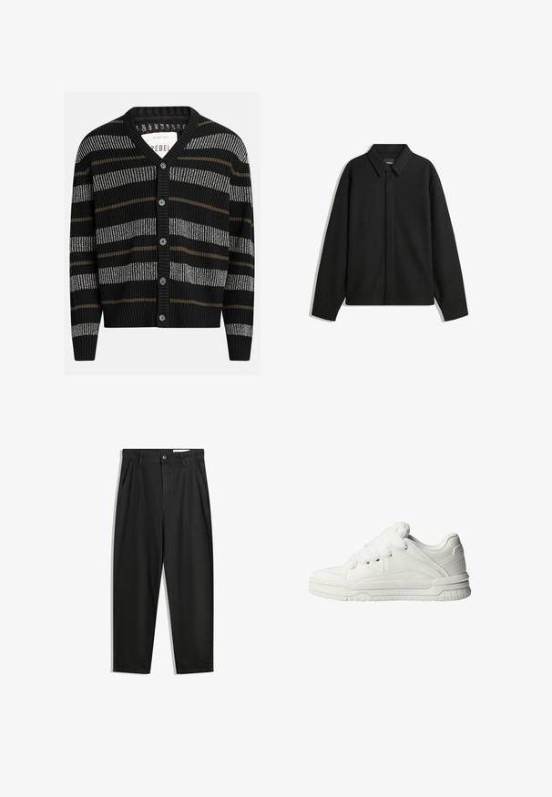Jachetă neagră cu mâneci lungi și guler ascuțit, cu placket frontal și o textură netedă. Croială lejeră cu umeri lăsați.; Cardigan negru cu dungi verticale în gri și măslin. Prezintă un decolteu în V, manșete ribbed și șase nasturi negri pe față.; Pantaloni negri din bumbac cu croială lejeră, având un brâu clasic, plii frontale și buzunare laterale. Textură netedă fără modele.; Adidași albi cu un exterior din piele netedă, limbă căptușită, șireturi plate și accente texturate pe părțile laterale și pe toc.