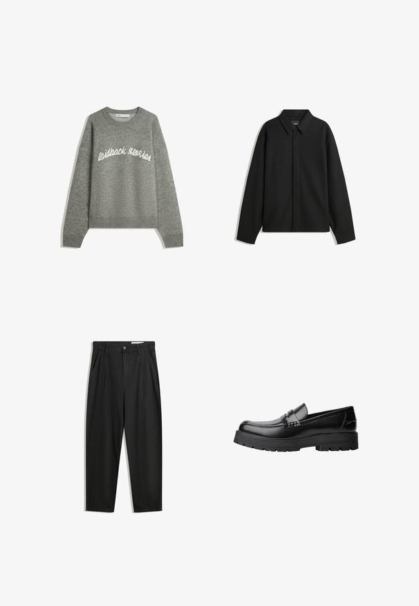 Musta pitkähihainen paita-takki, jossa on terävä kaulus, etupaneeli ja sileä materiaali. Rento istuvuus ja laskeutuvat olkapäät.; Harmaa neulepaita pyöreällä kauluksella, jossa on valkoista brodeerattua tekstiä "laidback stories" rinnan kohdalla, sekä ribbaustekniikalla tehdyt hihansuut ja helma.; Mustat puuvillahousut rentoa mallia, joissa on klassinen vyötärö, etukangastukset ja sivutaskut. Sileä pinta ilman kuvioita.; Musta nahkainen loaferi, jossa on paksu urheilupohja ja koristeellinen hihna yläpääkkeellä, esitettynä vasemman sivuprofiilin kuvassa valkoista taustaa vasten.