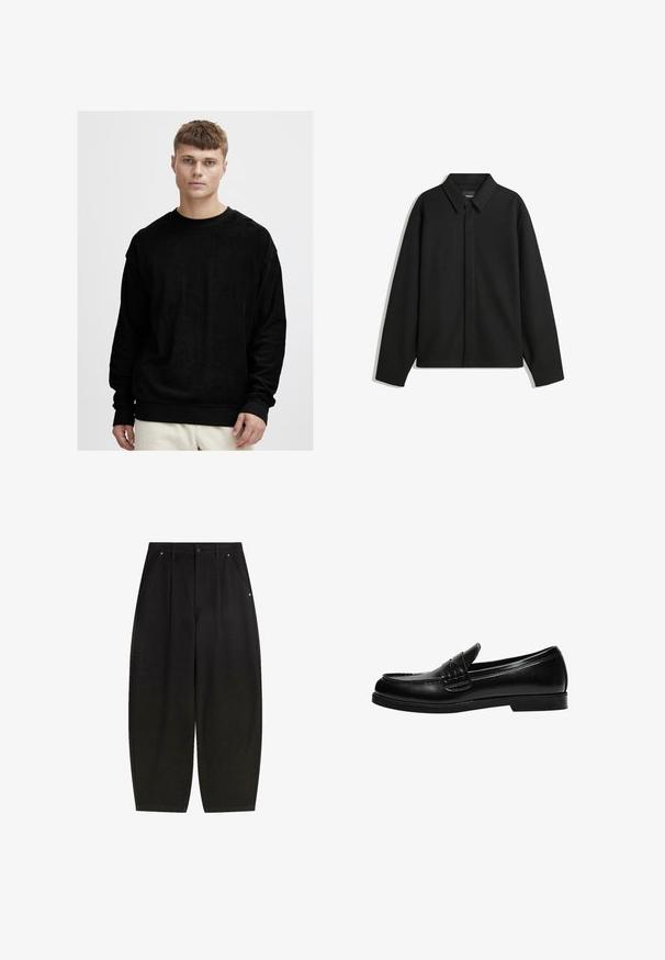 Černá bunda s dlouhým rukávem, špičatým límcem, přední légou a hladkým texturem. Volný střih s kleslými rameny.; Černá mikina s dlouhým rukávem vyrobená z měkké, texturované tkaniny. Má kulatý výstřih a kontrastní černé elastické manžety a lem.; Černé široké kalhoty s předními kapsami, sklady a čistým zakončením. Vyrobeny z texturované tkaniny s knoflíkovým zapínáním.; Černé kožené mokasíny s hladkým povrchem, které mají prošívání na nártu a nízkou, jednolitou černou gumovou podrážku.