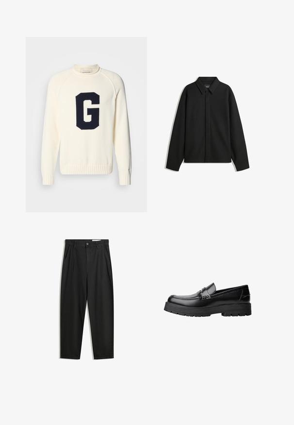Black long-sleeve shirt jacket with a pointed collar, front placket, and a smooth texture. Relaxed fit with dropped shoulders.; Cream sweater made of knit fabric featuring a navy blue 'G' logo design. It has a round neck and ribbed cuffs and hem.; Black cotton trousers with a relaxed fit, featuring a classic waistband, front pleats, and side pockets. Smooth texture without patterns.; Black leather loafer with chunky treaded sole and decorative strap across the upper, shown in left side profile on white background.