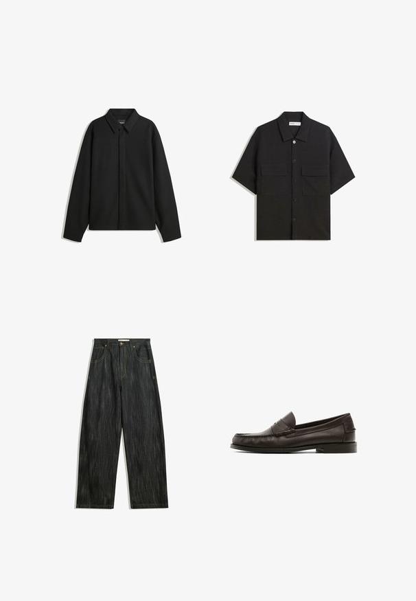Czarna koszula-zakładka z długimi rękawami i spiczastym kołnierzykiem, z przodu z guzikami i gładką fakturą. Luźny krój z obniżonymi ramionami.; Czarna koszula z krótkim rękawem, wykonana z materiału o gładkiej fakturze, z dwoma przednimi kieszeniami, klasycznym kołnierzykiem i zapięciem na guziki.; Ciemnogranatowe dżinsy o luźnym kroju, z delikatną pionową teksturą, żółtym przeszyciem, pięcioma kieszeniami i klasycznym zapięciem na guzik.; Brązowe skórzane loafersy o gładkiej fakturze, z ozdobnym przeszyciem, niskim obcasem i zaokrąglonym noskiem.