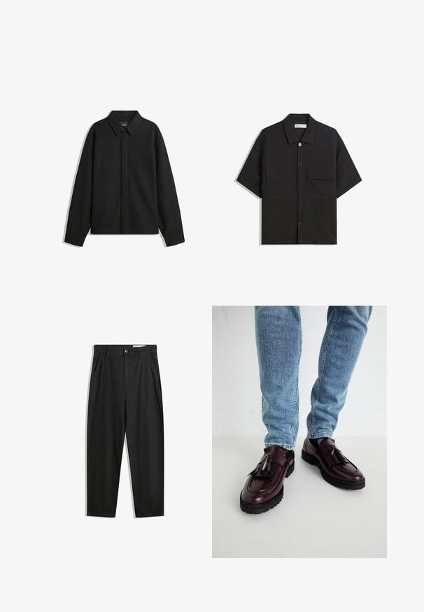 Czarna koszula-zakładka z długimi rękawami i spiczastym kołnierzykiem, z przodu z guzikami i gładką fakturą. Luźny krój z obniżonymi ramionami.; Czarna koszula z krótkim rękawem, wykonana z materiału o gładkiej fakturze, z dwoma przednimi kieszeniami, klasycznym kołnierzykiem i zapięciem na guziki.; Czarne bawełniane spodnie o luźnym kroju, z klasycznym pasem, przednimi plisy oraz bocznymi kieszeniami. Gładka struktura, bez wzorów.; Bordowe skórzane loafersy z frędzlami i teksturowaną cholewką, zestawione z jasnoniebieskimi dżinsami. Widoczna czarna gumowa podeszwa.