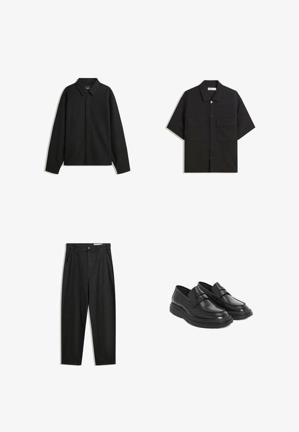 Fekete, hosszú ujjú ingdzseki hegyes gallérral, elülső gombolással és sima textúrával. Laid-back fit, lekonyult vállakkal.; Fekete, rövid ujjú ing sima textúrájú anyagból készült, két elülső zsebbel, klasszikus gallérral és gombos záródással.; Fekete pamut nadrág laza szabással, klasszikus derékrésszel, elülső hajtásokkal és oldalsó zsebekkel. Simább textúra minta nélkül.; Fekete bőr loaferek lekerekített orral, varrott részletezéssel és platform gumitalppal. Dekoratív pánt található a vamp részen.