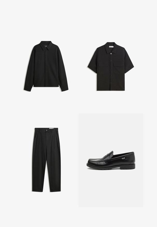 Fekete, hosszú ujjú ingdzseki hegyes gallérral, elülső gombolással és sima textúrával. Laid-back fit, lekonyult vállakkal.; Fekete, rövid ujjú ing sima textúrájú anyagból készült, két elülső zsebbel, klasszikus gallérral és gombos záródással.; Fekete pamut nadrág laza szabással, klasszikus derékrésszel, elülső hajtásokkal és oldalsó zsebekkel. Simább textúra minta nélkül.; Fekete bőr loaferek lekerekített orral, varrással díszítve és kis logóval az oldalon. Tartós gumitalp, ami biztosítja a tapadást.