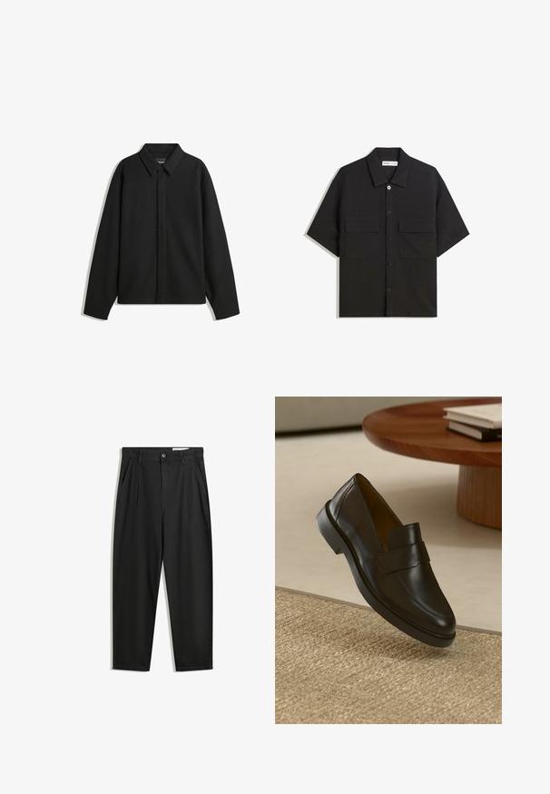 Zwarte lange mouwen overhemdjasje met een spitse kraag, voorste sluiting en een zachte textuur. Losse pasvorm met een verlaagde schouder.; Zwarte shirt met korte mouwen van stof met een gladde textuur, voorzien van twee voorzakken, een klassieke kraag en een knoopsluiting.; Zwarte katoenen broeken met een losse pasvorm, voorzien van een klassieke tailleband, voorplooien en zijzakken. Gladde structuur zonder patronen.; Zwarte leren loafers met een gladde afwerking, een ronde neus en een decoratieve band over de bovenkant. Lage rubberen hak, geplaatst tegen een gestructureerde ondergrond.
