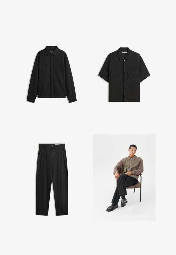 Zwarte lange mouwen overhemdjasje met een spitse kraag, voorste sluiting en een zachte textuur. Losse pasvorm met een verlaagde schouder.; Zwarte shirt met korte mouwen van stof met een gladde textuur, voorzien van twee voorzakken, een klassieke kraag en een knoopsluiting.; Zwarte katoenen broeken met een losse pasvorm, voorzien van een klassieke tailleband, voorplooien en zijzakken. Gladde structuur zonder patronen.; Heren zip-up jas in aardetinten, met een gestructureerde stof en oversized zakken. Slim-fit zwarte broeken en gepolijste zwarte instappers.