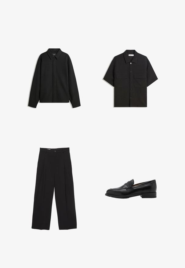 Zwarte lange mouwen overhemdjasje met een spitse kraag, voorste sluiting en een zachte textuur. Losse pasvorm met een verlaagde schouder.; Zwarte shirt met korte mouwen van stof met een gladde textuur, voorzien van twee voorzakken, een klassieke kraag en een knoopsluiting.; Zwarte wijde broek gemaakt van gladde stof, met een platte tailleband, voorplooien en een enkele knoopsluiting.; Zwarte leren instappers met een gestikte voorkant en een platte hak. Glad van textuur met een ronde neus en een decoratieve band over de wreef.