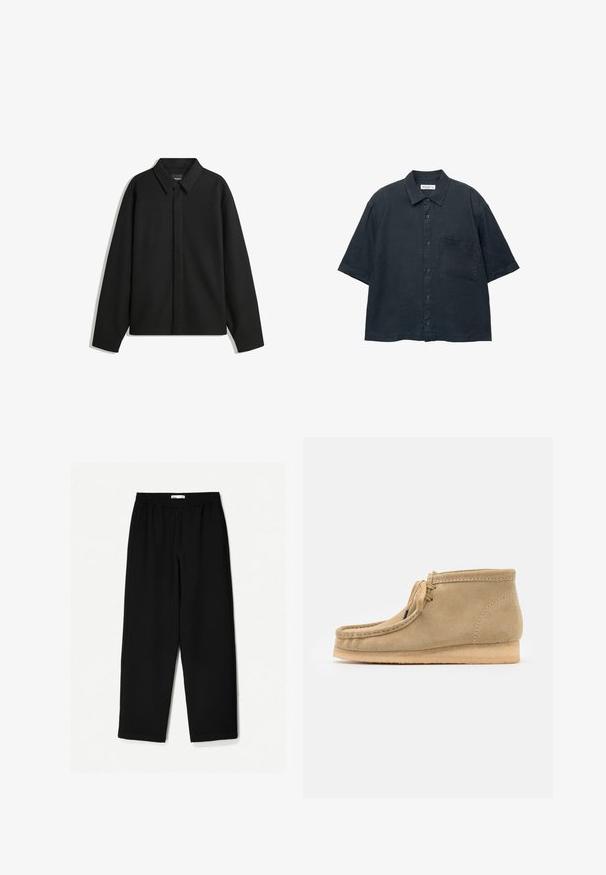 Čierna košeľa s dlhým rukávom vo forme bundy s špicatým golierom, prednou légou a hladkou textúrou. Voľný strih s spadnutými plecami.; Tmavomodrá košeľa s krátkym rukávom a gombíkmi vyrobená z ľahkej látky, s náprsníkovou kapsou a klasickým dizajnom goliera.; Čierne nohavice s širokými nohavicami vyrobené z ľahkej tkaniny. Majú elasticitu v páse a hladký povrch. Bez viditeľných vzorov alebo kovania.; Bežové semišové členkové topánky s okrúhlou špičkou, plochou podrážkou a jednoduchým šnurovacím dizajnom. Obsahujú viditeľné švy a hladký povrch.