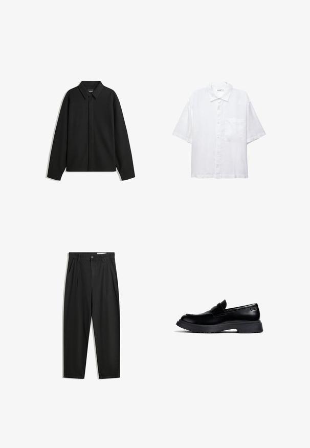 Giacca nera a maniche lunghe con colletto a punta, patta frontale e una texture liscia. Vestibilità rilassata con spalle scese.; Camicia bianca a maniche corte con chiusura a bottoni, colletto e una singola tasca sul petto. Realizzata in tessuto leggero con una texture liscia.; Pantaloni in cotone neri con una vestibilità rilassata, dotati di una vita classica, pieghe frontali e tasche laterali. Tessuto liscio senza fantasie.; Mocassino penny in pelle nera con suola in gomma spessa e dettagli del tallone con marchio, mostrato in profilo su uno sfondo bianco.