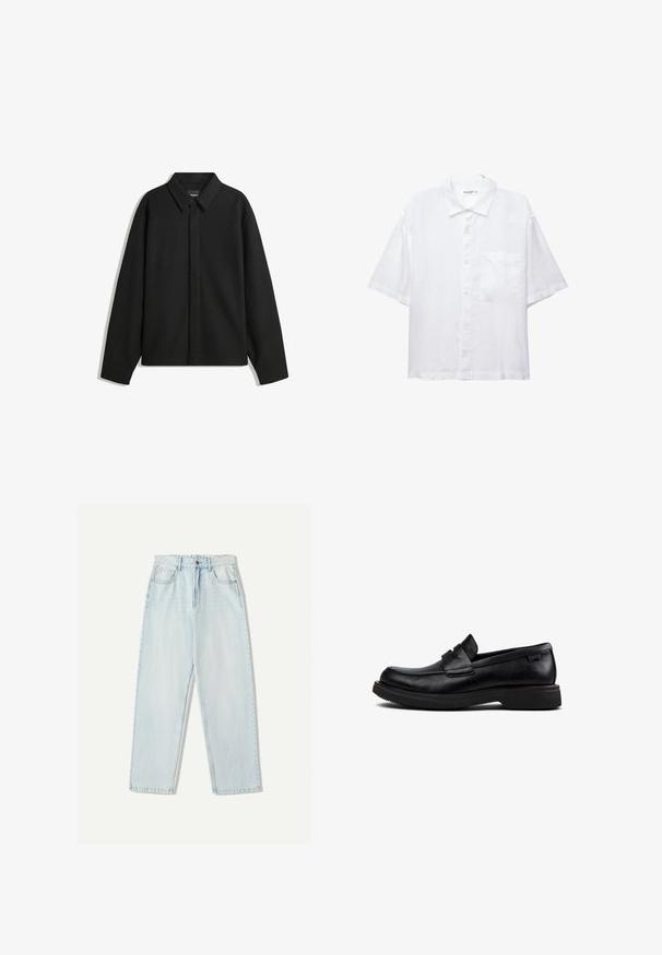 Schwarze Langarmhemdjacke mit spitzem Kragen, Frontblende und glatter Textur. Lässiger Schnitt mit abgesenkten Schultern.; Weißes Kurzarmhemd mit Knopfleiste, Kragen und einer Brusttasche. Aus leichtem Stoff mit glatter Textur gefertigt.; Helle blaue Denim-Jeans mit lässiger Passform, geradem Beindesign, Fünf-Taschen-Stil und dezentem Verblassen des Stoffes.; Schwarze Leder-Slipper mit runder Spitze, flacher Sohle und dekorativem Riemen über dem Obermaterial.