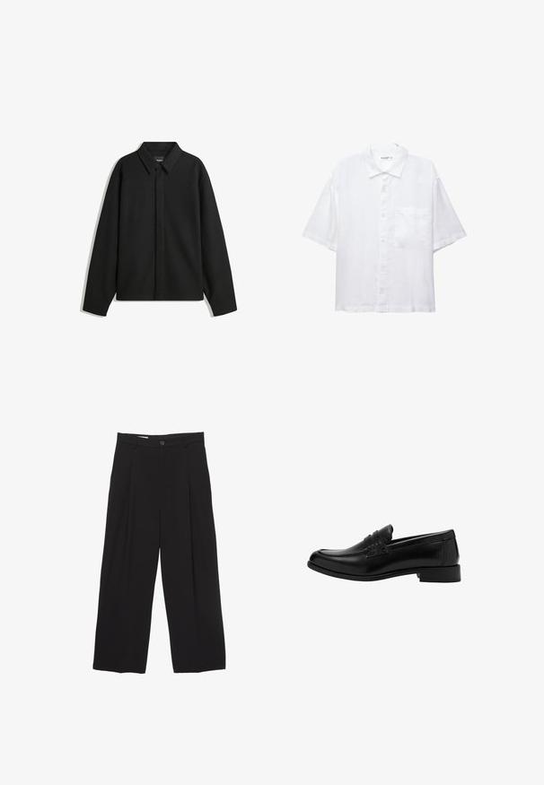 Schwarze Langarmhemdjacke mit spitzem Kragen, Frontblende und glatter Textur. Lässiger Schnitt mit abgesenkten Schultern.; Weißes Kurzarmhemd mit Knopfleiste, Kragen und einer Brusttasche. Aus leichtem Stoff mit glatter Textur gefertigt.; Schwarze weit geschnittene Hose aus glattem Stoff, mit flachem Taillenbund, vorderen Falten und einer einzigen Knopfverschlus.; Schwarze Lederloafer mit abgerundeter Zehenpartie, gefälteltem Vorderteil, strukturierten Akzenten und niedrigem Absatz, vor einem schlichten Hintergrund.