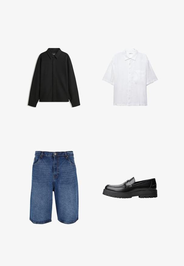 Svart långärmad skjortjacka med spetsig krage, frontknäppning och en slät yta. Avslappnad passform med sänkta axlar.; Vit kortärmad skjorta med knappslå framtill, krage och en bröstficka. Tillverkad av lätt tyg med en slät textur.; Denimshorts i medelblått, med en klassisk design, fem fickor och gylf med knappstängning. Grov textur och rak passform.; Svart läderloafer med kraftig mönstrad sula och dekorativ rem över framtill, visad i vänster sidoprofil på vit bakgrund.
