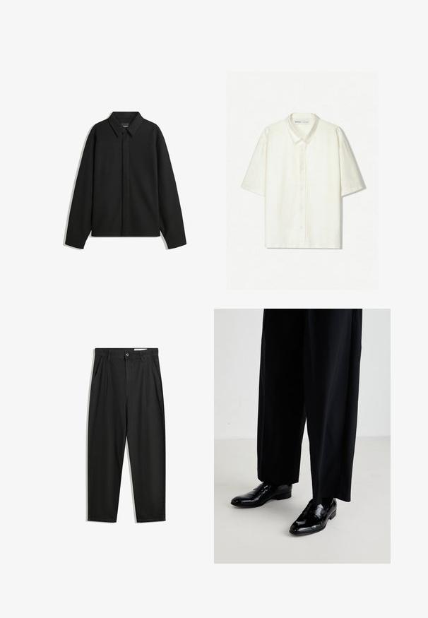 Crna jakna s dugim rukavima i oštrim ovratnikom, prednjim kopčanjem i glatkom teksturom. Opušteni kroj s spuštenim ramenima.; Košulja s kratkim rukavima u bež lanenom materijalu. Ima klasični ovratnik, prednje dugmadi i opušteni kroj. Minimalistički dizajn s suptilnom teksturom.; Crne pamučne hlače s opuštenim krojem, s klasičnim pojasom, prednjim nabranjima i bočnim džepovima. Glatka tekstura bez uzoraka.; Crne kožne cipele s glatkom završnom obradom, s glatkim prstom i niskom petom, u kombinaciji s labavim crnim hlačama.