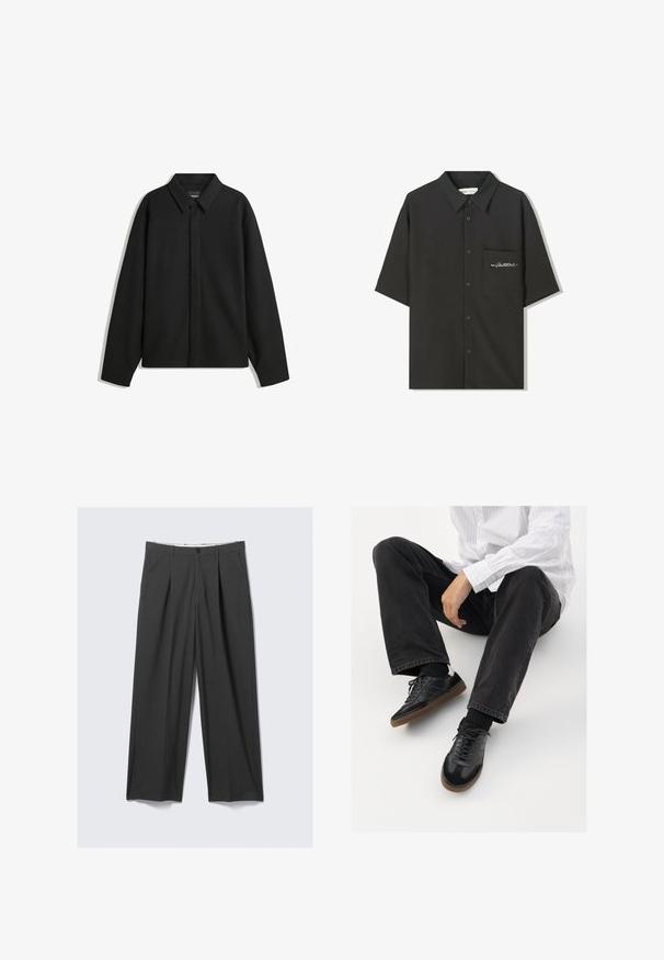 Giacca nera a maniche lunghe con colletto a punta, patta frontale e una texture liscia. Vestibilità rilassata con spalle scese.; Maglietta nera a maniche corte realizzata in tessuto morbido, con chiusura a bottoni sul davanti e taschino sul lato sinistro del petto con testo ricamato.; Pantaloni grigi a gamba larga con pieghe. Realizzati in un tessuto morbido, presentano una chiusura frontale con bottone e passanti per cintura. Design con fronte piatto.; Sneaker nere con una tomaia liscia e testurizzata, con suola in gomma e lacci scuri. Abbinati a jeans neri e una camicia bianca a righe.