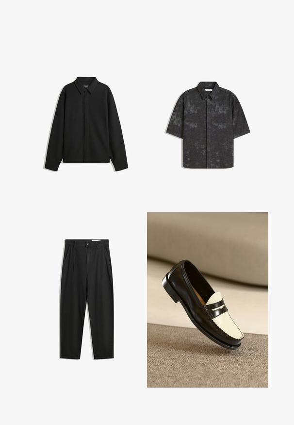 Fekete, hosszú ujjú ingdzseki hegyes gallérral, elülső gombolással és sima textúrával. Laid-back fit, lekonyult vállakkal.; Rövid ujjú, gombos ing sötétszürke színben, texturált anyaggal és finom márványos mintával. Jellemzője a hegyes gallér és egyenes alja.; Fekete pamut nadrág laza szabással, klasszikus derékrésszel, elülső hajtásokkal és oldalsó zsebekkel. Simább textúra minta nélkül.; Fekete bőr loafert tartalmaz, krémszínű felsőrésszel és fekete díszcsíkokkal, alacsony sarkú, és részletes varratokkal az éleken.