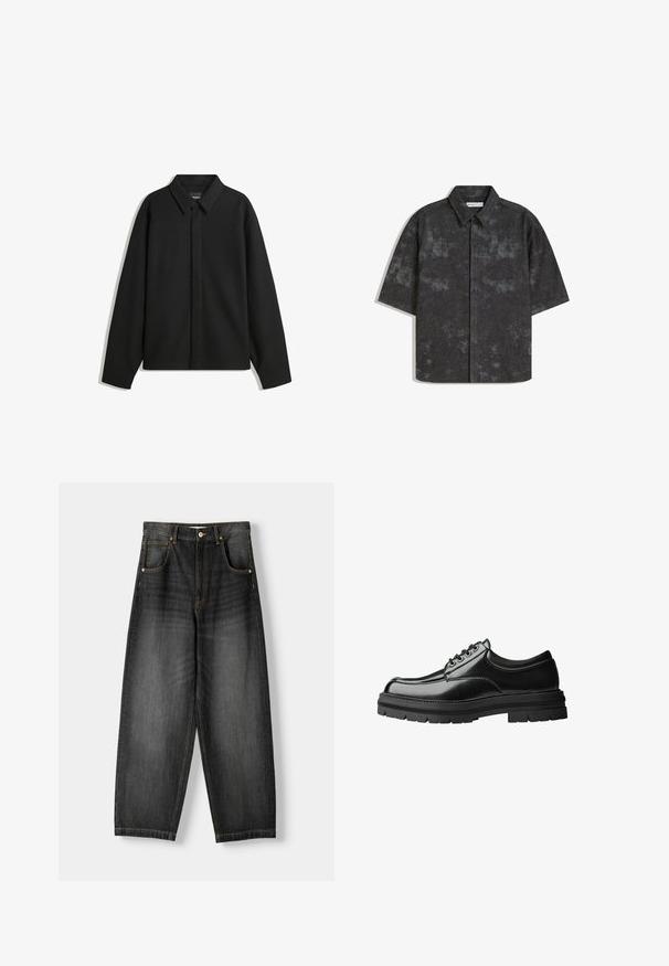 Czarna koszula-zakładka z długimi rękawami i spiczastym kołnierzykiem, z przodu z guzikami i gładką fakturą. Luźny krój z obniżonymi ramionami.; Koszula z krótkim rękawem, zapinana na guziki, w ciemnoszarym kolorze z fakturowanym materiałem i subtelnym marmurkowym wzorem. Posiada spiczasty kołnierzyk i prosty dół.; Ciemnoniebieskie dżinsy typu wide-leg z wysokim stanem, pięcioma kieszeniami, kontrastowym złotym przeszyciem i zapięciem na guzik. Płaski przód i proste nogawki.; Czarny skórzany but o gładkim wykończeniu, okrągłym nosku, sześcioma otworami na sznurowadła i grubą, teksturowaną gumową podeszwą.