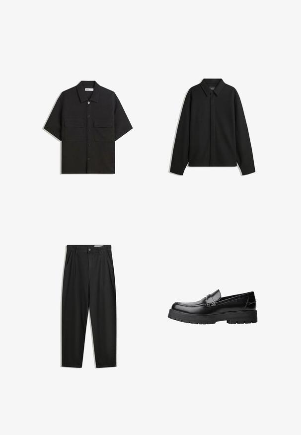 Giacca nera a maniche lunghe con colletto a punta, patta frontale e una texture liscia. Vestibilità rilassata con spalle scese.; Camicetta nera a maniche corte realizzata in tessuto con una trama liscia, presenta due tasche frontali, un colletto classico e chiusura con bottoni.; Pantaloni in cotone neri con una vestibilità rilassata, dotati di una vita classica, pieghe frontali e tasche laterali. Tessuto liscio senza fantasie.; Mocassino in pelle nera con suola spessa e tassellata e fascia decorativa sulla parte superiore, mostrato in profilo sinistro su sfondo bianco.
