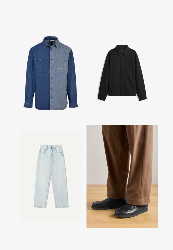Crna jakna s dugim rukavima i oštrim ovratnikom, prednjim kopčanjem i glatkom teksturom. Opušteni kroj s spuštenim ramenima.; Jean košulja s tamnoplave lijeve strane i svijetloplave prugaste desne strane, s džepom na prsima i izvezenim logom.; Svijetloplave traperice s opuštenim krojem, ravnim nogavicama, pet džepova i suptilnim izbljeđivanjem na tkanini.; Crne kožne cipele s mokasin dizajnom i detaljima šivanja, u kombinaciji s smešnim hlačama, na drvenom podu.