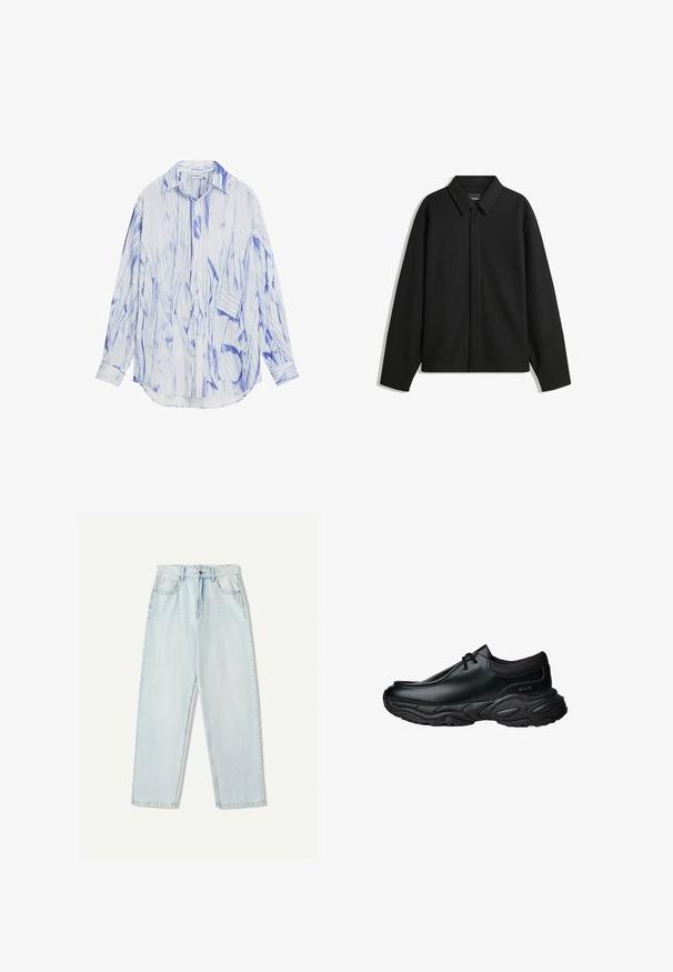 Giacca nera a maniche lunghe con colletto a punta, patta frontale e una texture liscia. Vestibilità rilassata con spalle scese.; Camicia a maniche lunghe realizzata in tessuto leggero, con un motivo a strisce astratte blu e bianche, apertura con bottoni e una vestibilità relaxed.; Jeans in denim azzurro chiaro con una vestibilità comoda, design a gamba dritta, stile a cinque tasche e leggere sfumature sul tessuto.; Scarpe slip-on in pelle nera con punta arrotondata e suola in gomma spessa e testurizzata. Presentano cuciture sottili e dettagli in elastico sul colletto.