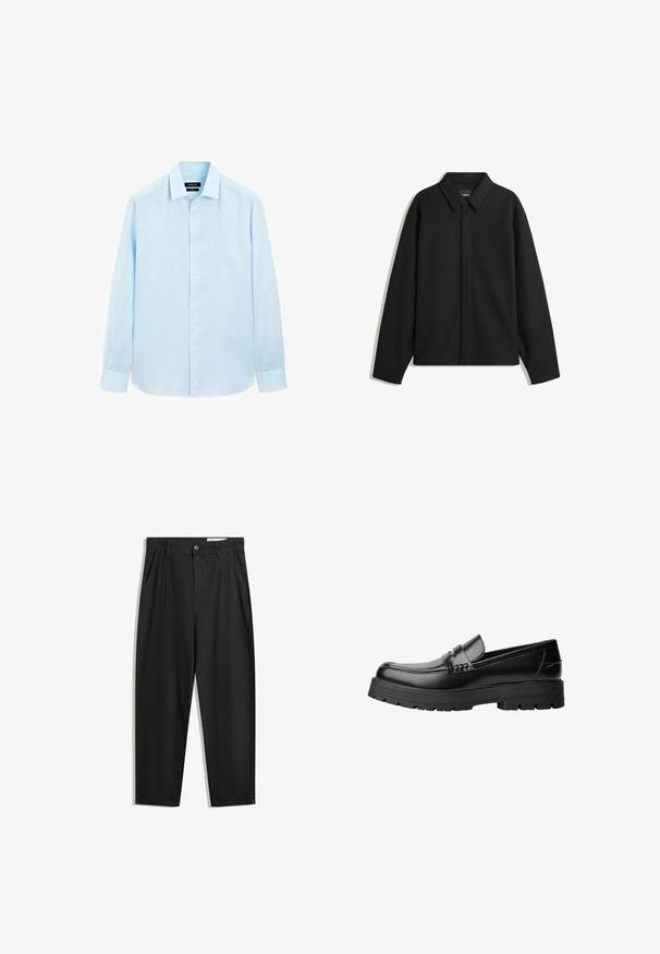 Giacca nera a maniche lunghe con colletto a punta, patta frontale e una texture liscia. Vestibilità rilassata con spalle scese.; Camicia azzurra a maniche lunghe in lino. Presenta un colletto classico, bottoni frontali e polsini con bottone, con una texture liscia.; Pantaloni in cotone neri con una vestibilità rilassata, dotati di una vita classica, pieghe frontali e tasche laterali. Tessuto liscio senza fantasie.; Mocassino in pelle nera con suola spessa e tassellata e fascia decorativa sulla parte superiore, mostrato in profilo sinistro su sfondo bianco.