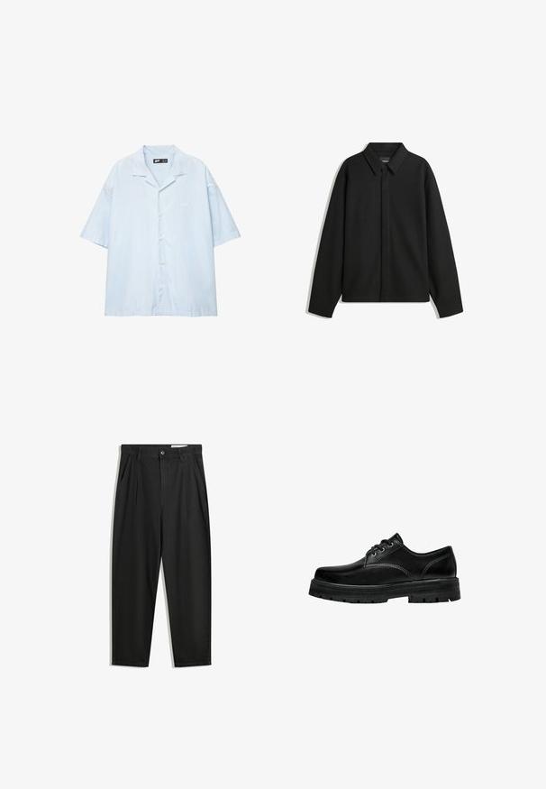 Giacca nera a maniche lunghe con colletto a punta, patta frontale e una texture liscia. Vestibilità rilassata con spalle scese.; Camicia azzurra a maniche corte con bottoni, caratterizzata da strisce verticali bianche, con colletto a punte e ricamo del logo sul petto.; Pantaloni in cotone neri con una vestibilità rilassata, dotati di una vita classica, pieghe frontali e tasche laterali. Tessuto liscio senza fantasie.; Scarpa nera in pelle con lacci, punta arrotondata, finitura texturizzata e suola in gomma spessa con battistrada profondo per una migliore aderenza.