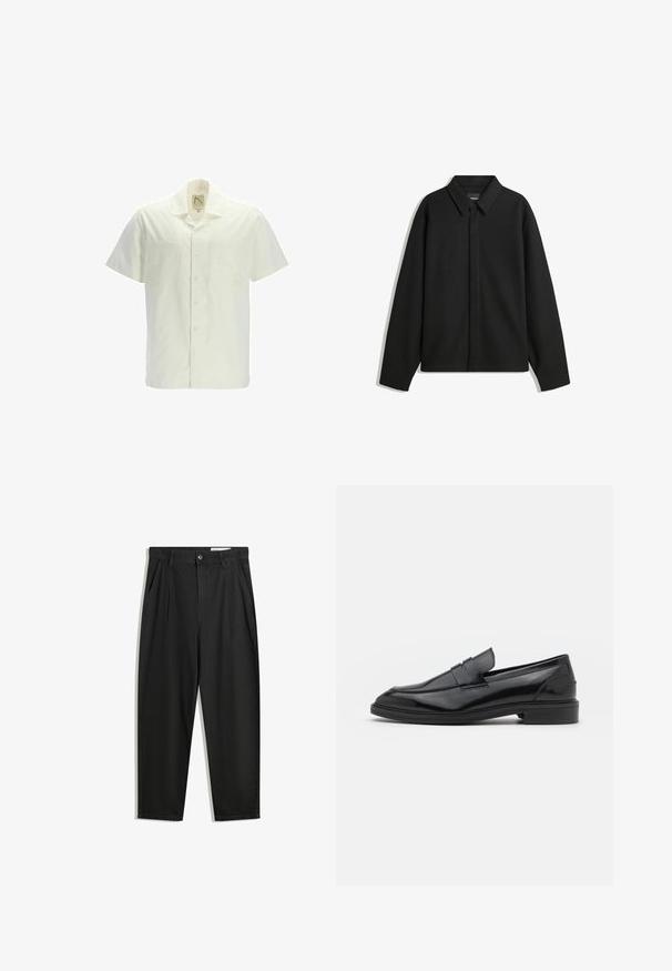 Czarna koszula-zakładka z długimi rękawami i spiczastym kołnierzykiem, z przodu z guzikami i gładką fakturą. Luźny krój z obniżonymi ramionami.; Koszula z krótkim rękawem w kolorze off-white, wykonana z bawełny, z zapięciem na guziki z przodu, dwiema kieszeniami na piersi i klasycznym kołnierzykiem. Gładka tekstura bez wzorów.; Czarne bawełniane spodnie o luźnym kroju, z klasycznym pasem, przednimi plisy oraz bocznymi kieszeniami. Gładka struktura, bez wzorów.; Czarne skórzane mokasyny o gładkim wykończeniu, z zaokrąglonym noskiem i wąskim paskiem na górze. Niski, warstwowy obcas.