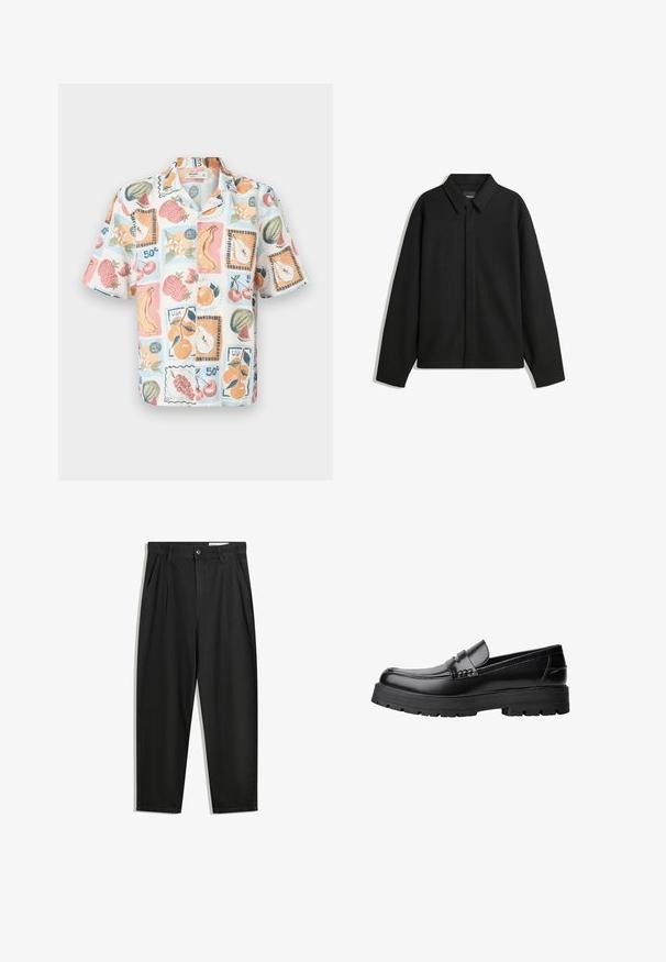 Černá bunda s dlouhým rukávem, špičatým límcem, přední légou a hladkým texturem. Volný střih s kleslými rameny.; Košile s krátkým rukávem a límečkem vyrobená z lehkého materiálu, s víceterým ovocným potiskem a razítky, převážně v pastelových odstínech.; Černé bavlněné kalhoty s uvolněným střihem, klasickým pasem, předními záhyby a bočními kapsami. Hladká textura bez vzorů.; Černé kožené mokasíny s masivní podrážkou a dekoračním páskem přes horní část, zobrazené v levém bočním profilu na bílém pozadí.