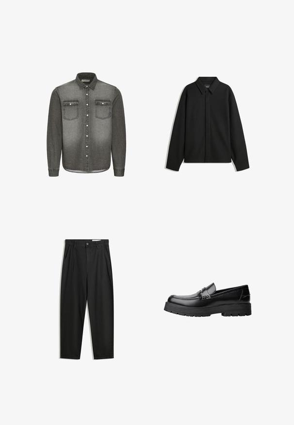 Giacca nera a maniche lunghe con colletto a punta, patta frontale e una texture liscia. Vestibilità rilassata con spalle scese.; Camicia in denim grigia con colletto alla francese, maniche lunghe, due tasche sul petto e dettagli in metallo argentato. Design a gradiente scolorito.; Pantaloni in cotone neri con una vestibilità rilassata, dotati di una vita classica, pieghe frontali e tasche laterali. Tessuto liscio senza fantasie.; Mocassino in pelle nera con suola spessa e tassellata e fascia decorativa sulla parte superiore, mostrato in profilo sinistro su sfondo bianco.