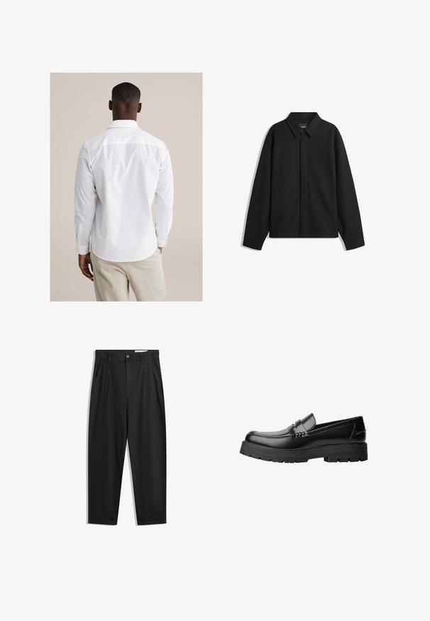 Černá bunda s dlouhým rukávem, špičatým límcem, přední légou a hladkým texturem. Volný střih s kleslými rameny.; Bílá košile na knoflíky s dlouhými rukávy, vyrobená z hladké látky. Má klasický límec, zaoblený lem a manžety na jeden knoflík.; Černé bavlněné kalhoty s uvolněným střihem, klasickým pasem, předními záhyby a bočními kapsami. Hladká textura bez vzorů.; Černé kožené mokasíny s masivní podrážkou a dekoračním páskem přes horní část, zobrazené v levém bočním profilu na bílém pozadí.