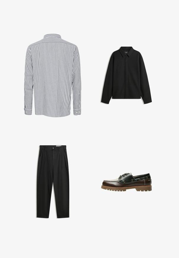 Musta pitkähihainen paita-takki, jossa on terävä kaulus, etupaneeli ja sileä materiaali. Rento istuvuus ja laskeutuvat olkapäät.; Pitkähihaisen paidan klassinen kaulus, jossa vuorottelevat tummansiniset ja valkoiset pystypinnat, puuvillakangasta ja napitettavat hihat.; Mustat puuvillahousut rentoa mallia, joissa on klassinen vyötärö, etukangastukset ja sivutaskut. Sileä pinta ilman kuvioita.; Ruskea ja musta nahkainen purjevenekenkä nauhoituksella, kontrastipistelyllä ja teksturoidulla kumipohjalla. Ominaisuuksiin kuuluu metalliset reiät ja pyöreä kärki.