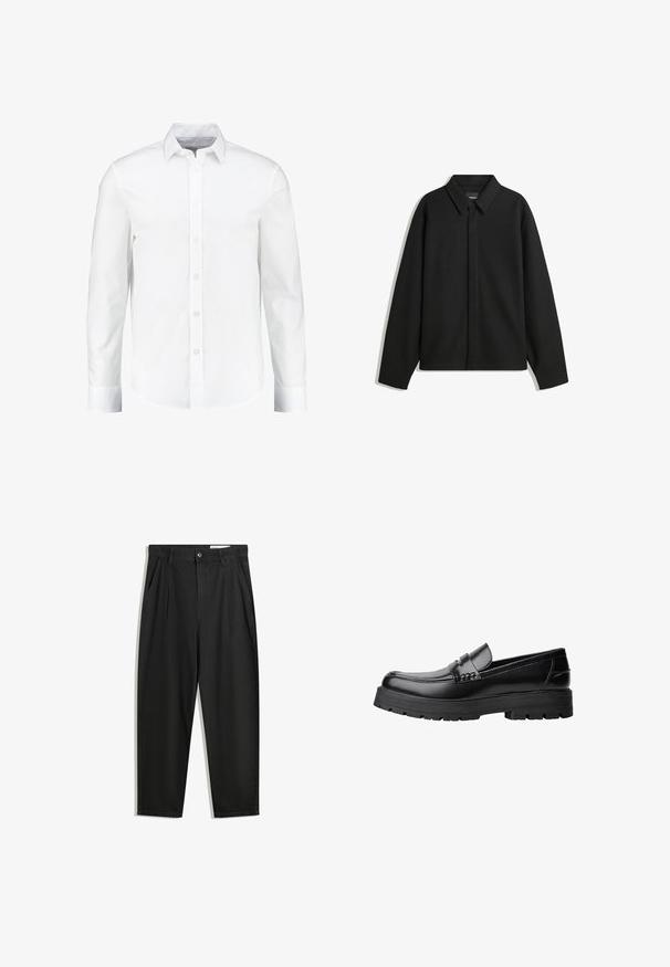 Čierna košeľa s dlhým rukávom vo forme bundy s špicatým golierom, prednou légou a hladkou textúrou. Voľný strih s spadnutými plecami.; Biela dlhá košeľa s dlhým rukávom vyrobená z hladkej bavlny. Obsahuje klasický golier a zapínanie na gombíky so rovnými okrajmi.; Čierne bavlnené nohavice s voľným strihom, s klasickým pásom, prednými záhybmi a bočnými vreckami. Hladká textúra bez vzorov.; Čierne kožené mokasíny s masívnou podrážkou a dekoratívnym pásom cez hornú časť, zobrazené z ľavého bočného profilu na bielom pozadí.