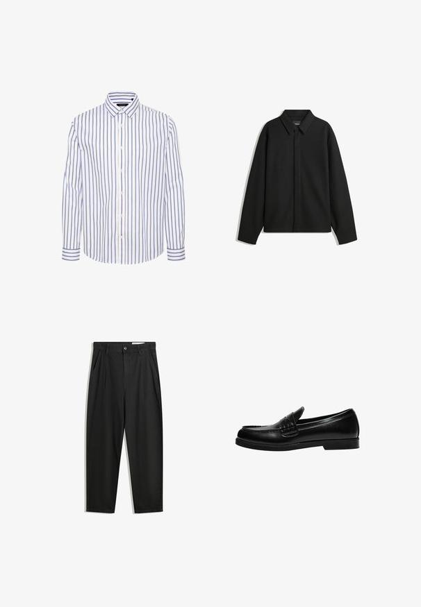 Zwarte lange mouwen overhemdjasje met een spitse kraag, voorste sluiting en een zachte textuur. Losse pasvorm met een verlaagde schouder.; Witte overhemdd met verticale blauwe en bruine strepen, een spread collar, en knoopmanchetten met bijpassende gestreepte accenten.; Zwarte katoenen broeken met een losse pasvorm, voorzien van een klassieke tailleband, voorplooien en zijzakken. Gladde structuur zonder patronen.; Zwarte leren loafers met een gladde afwerking, voorzien van stiksel op de voorkant en een lage, stevige zwarte rubberen zool.