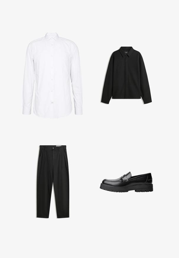 Veste chemise noire à manches longues, avec un col pointu, une patte de boutonnage à l'avant et une texture lisse. Coupe décontractée avec épaules tombantes.; Chemise blanche à manches longues en coton. Présente un col, une fermeture à boutons sur le devant et des poignets à un bouton. Texture lisse, design épuré.; Pantalon en coton noir avec une coupe décontractée, dotés d'une taille classique, de plis à l'avant et de poches latérales. Texture lisse sans motifs.; Mocassin en cuir noir avec semelle épaisse à motifs et une sangle décorative sur le dessus, présenté en profil sur le côté gauche sur fond blanc.