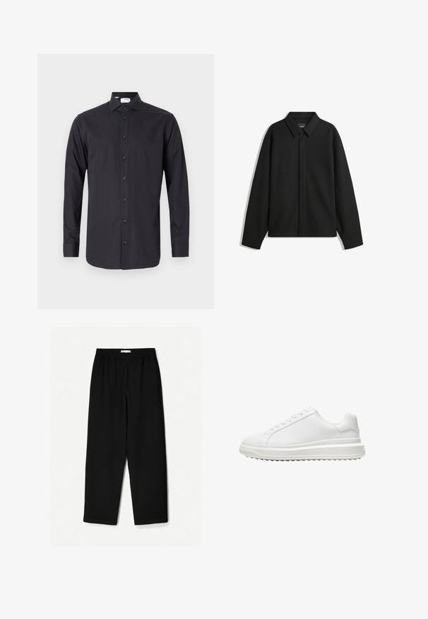 Czarna koszula-zakładka z długimi rękawami i spiczastym kołnierzykiem, z przodu z guzikami i gładką fakturą. Luźny krój z obniżonymi ramionami.; Czarna koszula z długim rękawem, wykonana z gładkiego materiału, z zapięciem na guziki, wysmuklonym kołnierzykiem i mankietami na guziki.; Czarne, szerokie spodnie wykonane z lekkiego materiału. Posiadają elastyczny pasek w talii oraz gładką teksturę. Brak widocznych wzorów czy elementów metalowych.; Białe sneakersy z gładką syntetyczną cholewką, okrągłym noskiem, płaskimi sznurowadłami, teksturowana podeszwa oraz warstwowym, platformowym designem dla dodatkowej wysokości.