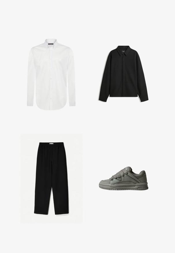 Schwarze Langarmhemdjacke mit spitzem Kragen, Frontblende und glatter Textur. Lässiger Schnitt mit abgesenkten Schultern.; Weißes Langarmhemd aus glattem Baumwollstoff mit einem Kentkragen, einer durchgehenden Knopfleiste und einem kleinen, auf der Brust gestickten Logo.; Schwarze, weit geschnittene Hose aus leichtem Stoff. Mit elastischem Bund und glatter Textur. Keine sichtbaren Muster oder Beschläge.; Grau Sport-Schuh mit strukturiertem Leder- und Mesh-Obermaterial, dickem Gummisohle sowie auffälliger gepolsterter Zunge und Seiten. Schnürsenkel und seitliche Akzente inklusive.