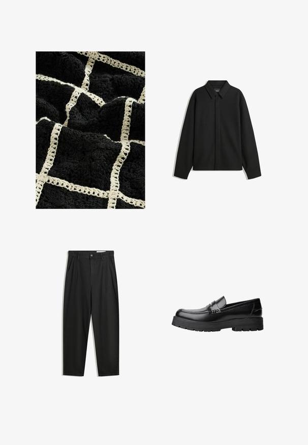 Schwarze Langarmhemdjacke mit spitzem Kragen, Frontblende und glatter Textur. Lässiger Schnitt mit abgesenkten Schultern.; Schwarze, strukturierte Decke mit einem gewebten, cremefarbenen Gittermuster, erhöhten Blumendesigns und einer weichen, plüschigen Oberfläche.; Schwarze Baumwollhose mit lockerem Schnitt, ausgestattet mit einem klassischen Bund, vorderen Falten und Seiten taschen. Glatte Textur ohne Muster.; Schwarzer Lederloafer mit grobem, rutschfestem Sohlenprofil und dekorativem Riemen über der Oberseite, seitlich links auf weißem Hintergrund abgebildet.