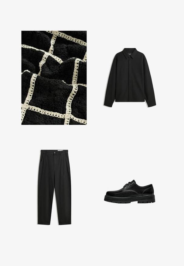 Schwarze Langarmhemdjacke mit spitzem Kragen, Frontblende und glatter Textur. Lässiger Schnitt mit abgesenkten Schultern.; Schwarze, strukturierte Decke mit einem gewebten, cremefarbenen Gittermuster, erhöhten Blumendesigns und einer weichen, plüschigen Oberfläche.; Schwarze Baumwollhose mit lockerem Schnitt, ausgestattet mit einem klassischen Bund, vorderen Falten und Seiten taschen. Glatte Textur ohne Muster.; Schwarze Leder Schnürschuhe mit abgerundeter Spitze, strukturiertem Finish und dicker Gummisohle mit tiefen Rillen für besseren Grip.