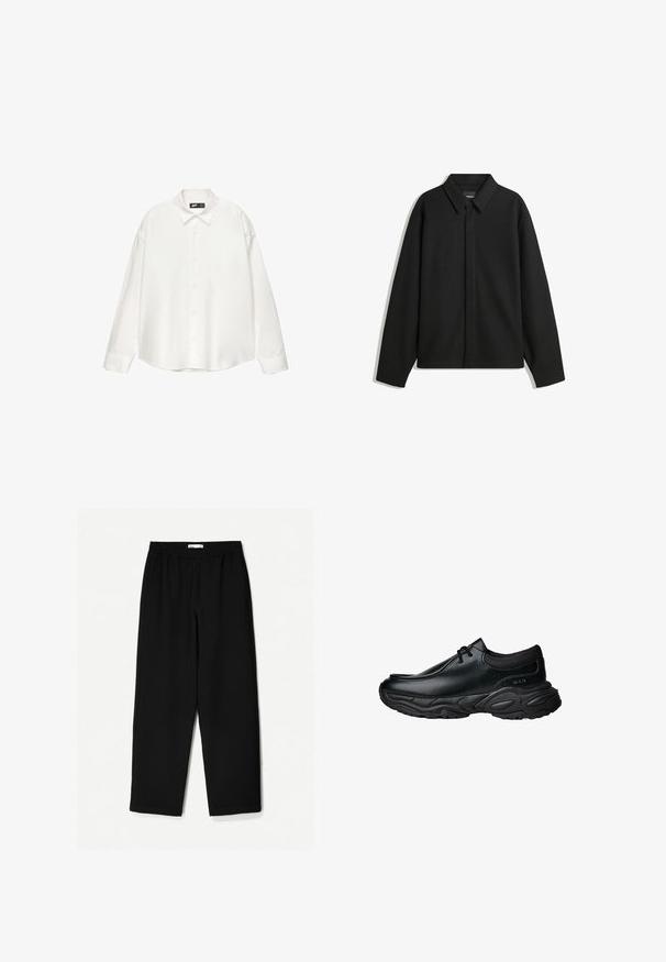 Crna jakna s dugim rukavima i oštrim ovratnikom, prednjim kopčanjem i glatkom teksturom. Opušteni kroj s spuštenim ramenima.; Bijela košulja s dugim rukavima, izrađena od glatkog materijala, s oštrim ovratnikom i ležernim, kutijastim siluetom.; Crne hlače širokih nogavica izrađene od laganog materijala. Imaju elastičnu traku u struku i glatku teksturu. Nema vidljivih uzoraka niti hardvera.; Crne kožne cipele za klizanje s okruglim nosom i debelim teksturiranim gumennim đonom. Sadrže suptilnu obrubu i elastične akcenti na ovratniku.