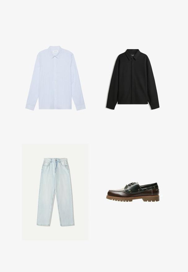 Crna jakna s dugim rukavima i oštrim ovratnikom, prednjim kopčanjem i glatkom teksturom. Opušteni kroj s spuštenim ramenima.; Svijetloplava prugasta košulja dugih rukava s gumbima. Ima tradicionalni ovratnik, bijele gumbe i glatku mješavinu pamuka.; Svijetloplave traperice s opuštenim krojem, ravnim nogavicama, pet džepova i suptilnim izbljeđivanjem na tkanini.; Smeđe i zelene kožne brodske cipele s bijelim šivanim dizajnom, okruglim vezicama i teksturiranom gumiranom potplatom. Izdržljiva konstrukcija s metalnim rupicama.