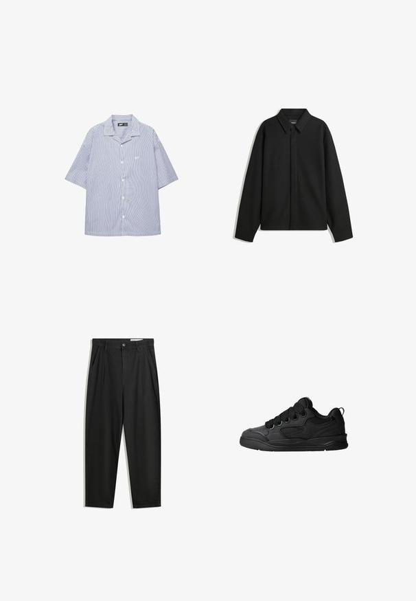 Crna jakna s dugim rukavima i oštrim ovratnikom, prednjim kopčanjem i glatkom teksturom. Opušteni kroj s spuštenim ramenima.; Košulja kratkih rukava s plavim i bijelim vertikalnim prugama, s oštrim ovratnikom i malim logotipom na prsima. Lagani materijal.; Crne pamučne hlače s opuštenim krojem, s klasičnim pojasom, prednjim nabranjima i bočnim džepovima. Glatka tekstura bez uzoraka.; Crne tenisice s teksturiranim gornjim dijelom, sa vezicama, mrežastim detaljima za prozračnost, podstavljenim ovratnikom i čvrstim potplatima.