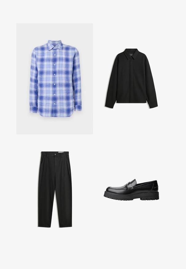 Černá bunda s dlouhým rukávem, špičatým límcem, přední légou a hladkým texturem. Volný střih s kleslými rameny.; Modrá a bílá kostkovaná košile s dlouhým rukávem a límcem na knoflíky, se soft texturou a standardním střihem. Knoflíky viditelné na přední straně.; Černé bavlněné kalhoty s uvolněným střihem, klasickým pasem, předními záhyby a bočními kapsami. Hladká textura bez vzorů.; Černé kožené mokasíny s masivní podrážkou a dekoračním páskem přes horní část, zobrazené v levém bočním profilu na bílém pozadí.