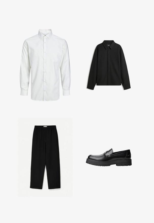 Black long-sleeve shirt jacket with a pointed collar, front placket, and a smooth texture. Relaxed fit with dropped shoulders.; White long-sleeve button-up shirt, made of smooth fabric, featuring a classic collar, front placket with buttons, and buttoned cuffs.; Black, wide-leg pants made from a lightweight fabric. Features an elastic waistband and a smooth texture. No visible patterns or hardware.; Black leather loafer with chunky treaded sole and decorative strap across the upper, shown in left side profile on white background.