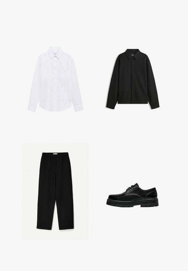 Černá bunda s dlouhým rukávem, špičatým límcem, přední légou a hladkým texturem. Volný střih s kleslými rameny.; Bílá dlouhá košile z bavlněné látky. Má špičatý límec, zapínání na knoflíky a jednoduché manžety. Minimalistický design bez vzorů.; Černé kalhoty s širokými nohavicemi vyrobené z lehkého materiálu. Mají elastický pas a hladkou texturu. Bez viditelných vzorů nebo kovových detailů.; Černá kožená šněrovací obuv s kulatou špičkou, texturovaným povrchem a silnou gumovou podešví s hlubokým vzorkem pro lepší přilnavost.