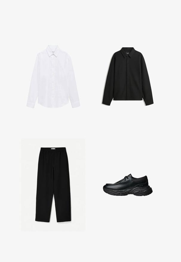 Zwarte lange mouwen overhemdjasje met een spitse kraag, voorste sluiting en een zachte textuur. Losse pasvorm met een verlaagde schouder.; Wit langemouw shirt van katoenmateriaal. Bevat een puntkraag, knoopsluiting en enkele manchet. Minimalistisch ontwerp zonder patronen.; Zwarte, wijde broek van een lichtgewicht stof. Voorzien van een elastische tailleband en een soepele textuur. Geen zichtbare patronen of hardware.; Zwarte leren instapschoenen met een ronde neus en een dikke, gestructureerde rubberen zool. Bevat subtiele stiksels en elastische accenten bij de kraag.
