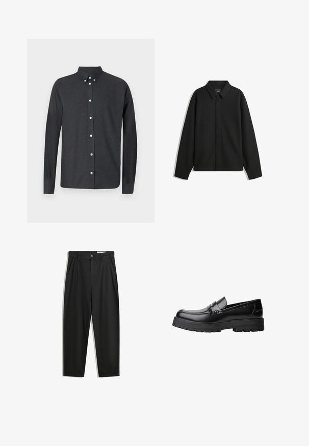 Giacca nera a maniche lunghe con colletto a punta, patta frontale e una texture liscia. Vestibilità rilassata con spalle scese.; Camicia button-up grigio scuro realizzata in un tessuto testurizzato. Presenta un colletto classico, maniche lunghe e bottoni bianchi lungo la parte anteriore.; Pantaloni in cotone neri con una vestibilità rilassata, dotati di una vita classica, pieghe frontali e tasche laterali. Tessuto liscio senza fantasie.; Mocassino in pelle nera con suola spessa e tassellata e fascia decorativa sulla parte superiore, mostrato in profilo sinistro su sfondo bianco.