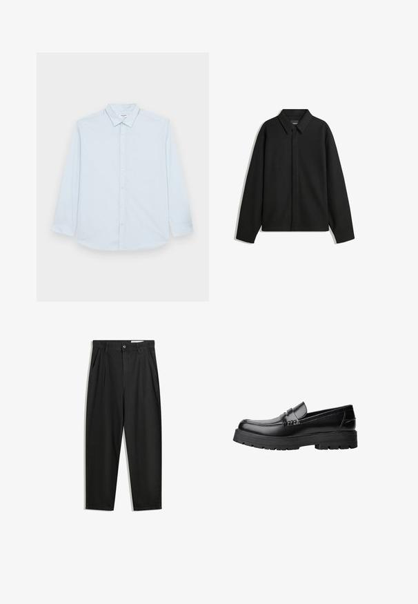 Giacca nera a maniche lunghe con colletto a punta, patta frontale e una texture liscia. Vestibilità rilassata con spalle scese.; Jack & Jones JJJOE PLAIN NOOS - Camicia - cashmere blue; Pantaloni in cotone neri con una vestibilità rilassata, dotati di una vita classica, pieghe frontali e tasche laterali. Tessuto liscio senza fantasie.; Mocassino in pelle nera con suola spessa e tassellata e fascia decorativa sulla parte superiore, mostrato in profilo sinistro su sfondo bianco.