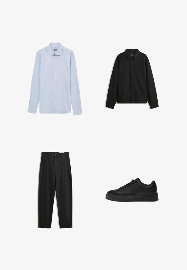 Giacca nera a maniche lunghe con colletto a punta, patta frontale e una texture liscia. Vestibilità rilassata con spalle scese.; Camicia a maniche lunghe di colore azzurro chiaro con righe verticali bianche, davanti con bottoni, colletto classico e polsini con chiusura a bottone. Materiale in cotone.; Pantaloni in cotone neri con una vestibilità rilassata, dotati di una vita classica, pieghe frontali e tasche laterali. Tessuto liscio senza fantasie.; Sneaker nera realizzata in pelle liscia, con punta rotonda, suola piatta spessa e design classico con lacci a sei occhielli.