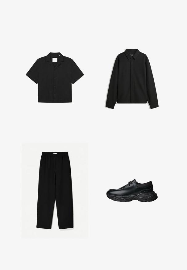 Črna dolga majica s kratkimi rokavi z ostrim ovratnikom, sprednjim zapiranjem in gladko teksturo. Ohlapen kroj z nizkimi rameni.; Črna kratkotrajna majica z gumbom, ravnim ovratnikom, gladko teksturo in subtilnim vzorcem na tkanini, z oznako "LES DEUX" znotraj.; Črne široke hlače iz lahkotnega materiala. Imajo elastičen pas in gladko teksturo. Brez vidnih vzorcev ali dodatkov.; Črne usnjene čevlje za enostavno obuvanje z zaobljenim nosom in debelim strukturiranim gumijastim podplatom. Imajo diskretne šive in elastične dodatke na ovratniku.