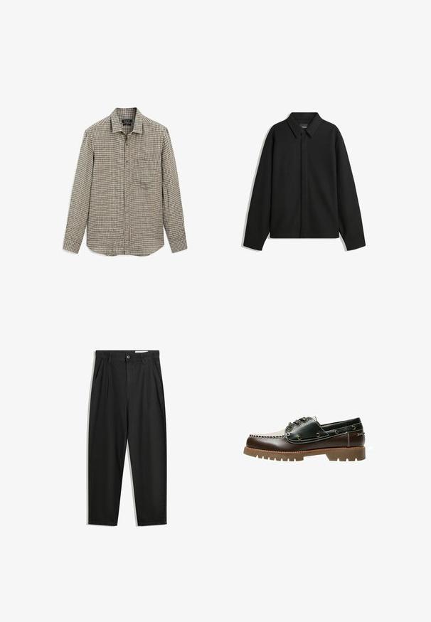 Czarna koszula-zakładka z długimi rękawami i spiczastym kołnierzykiem, z przodu z guzikami i gładką fakturą. Luźny krój z obniżonymi ramionami.; Koszula z długim rękawem w brązową i beżową kratę z delikatnymi niebieskimi akcentami. Posiada zapięcie na guziki z przodu oraz jedną kieszeń na piersi.; Czarne bawełniane spodnie o luźnym kroju, z klasycznym pasem, przednimi plisy oraz bocznymi kieszeniami. Gładka struktura, bez wzorów.; Brązowe i zielone skórzane buty żeglarskie z białą nićką, okrągłymi sznurowadłami i teksturowaną gumową podeszwą. Trwała konstrukcja z metalowymi oczkami.