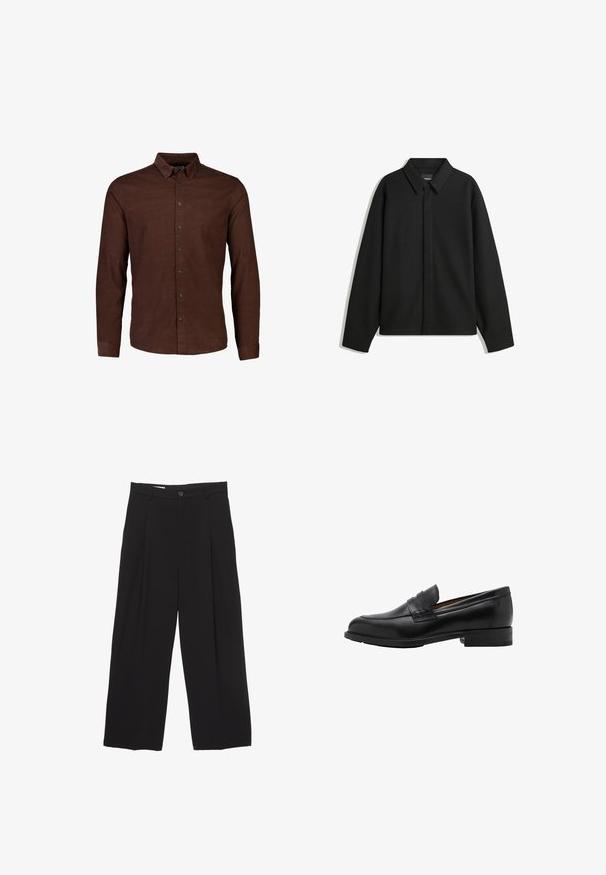 Zwarte lange mouwen overhemdjasje met een spitse kraag, voorste sluiting en een zachte textuur. Losse pasvorm met een verlaagde schouder.; Bruine button-up shirt gemaakt van gestructureerde stof. Bevat een klassieke kraag en een frontplacket met donkere knopen. Lange mouwen.; Zwarte wijde broek gemaakt van gladde stof, met een platte tailleband, voorplooien en een enkele knoopsluiting.; Zwarte leren instappers met een gestikte voorkant en een platte hak. Glad van textuur met een ronde neus en een decoratieve band over de wreef.